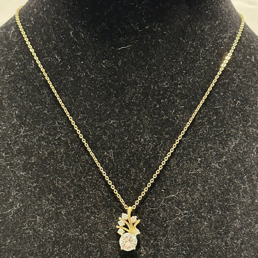 Clear CZ Gold Toned Abstract Flower Pendant Necklace 18” Dainty Statement